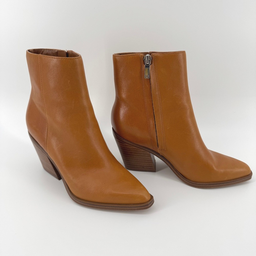 Marc Fisher Fabina Ankle Boots Women 5M Cognac Tan Leather Pointed Toe Bloc Heel